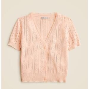 J.Crew Pointelle Short Sleeve V-neck Cardigan SZ 2XS Pink Lace Trim Cropped Fit